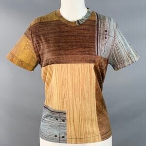 Vintage 1980s Size M Brown Blue Polyester Blend Patchwork Wood Grain T-Shirt